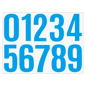 Detail of 4-inch blue waterproof number stickers from 0 to 9 for mailbox and sorting