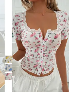 Women's Floral Print Short Sleeve Ribbed Knit Square Neck Top With Lace Trim Single Breasted Slim Fit Crop Top