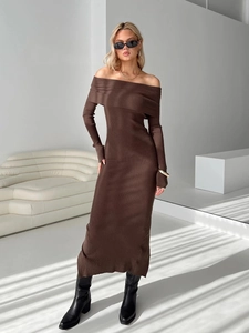 Off Shoulder Maxi Dress Ribbed Knit Long Sleeve Back Slit Bodycon Slim Fit Elegant Retro Solid Brown For Women