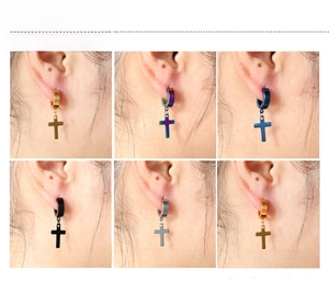 Detailed close-up of six color titanium steel cross hoop earrings on ear models