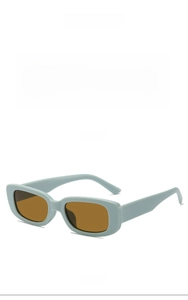 Detailed front and side views of rectangular kids sunglasses with mint green frames