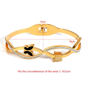 Detailed size specifications for gold butterfly bangle with crystals and inner dimensions