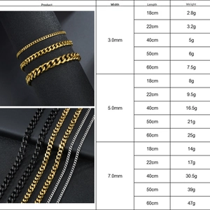 Size chart showing width, length and weight for stainless steel cuban chain bracelets