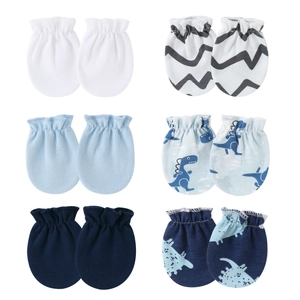 Set of 6 pairs of cotton newborn anti-scratch mittens with solid colors and dinosaur prints