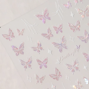 5D Embossed butterfly nail stickers with pearlescent aurora finish and gold accents