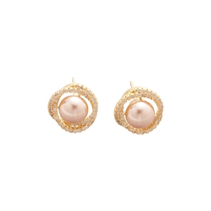Elegant gold pearl earrings with sparkling white cubic zirconia surrounding champagne pearls