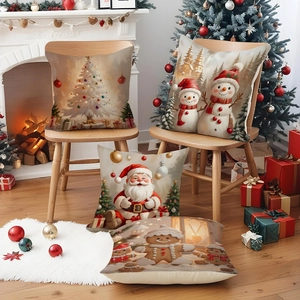 Christmas snowman and Santa linen pillowcase set for festive sofa decor in home setting