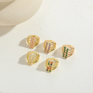 Multi-layer 14K gold plated rings with colorful zircon rows shown in five variants