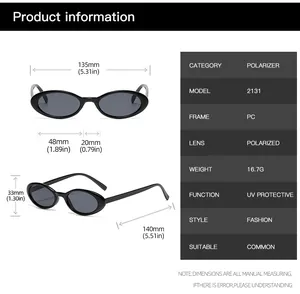 Detailed size chart for oval sunglasses with PC frame measurements and UV protection features