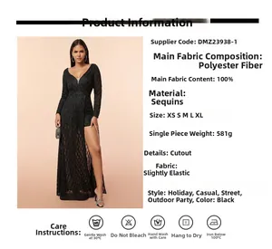 Detailed view of black sequin dress with long sleeves and high slit for elegant parties