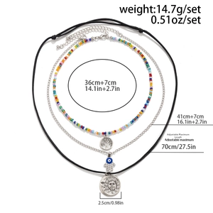 Three-piece bohemian necklace set with length measurements and pendant size details