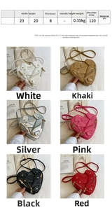 Size chart showing 23x20x8cm dimensions for the heart-shaped PU leather crossbody bag