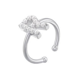 Detail view of silver letter R ear cuff with elegant small pearl inlay decorations
