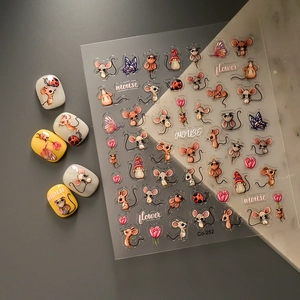 Detail view of Co-252 5D embossed nail stickers with 3D cute mouse and floral patterns