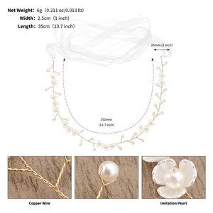 Détail d'un bandeau de mariée avec fleurs blanches, perles et dimensions précises
