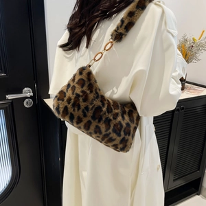 Leopard print faux fur shoulder bag with amber acrylic chain strap for women