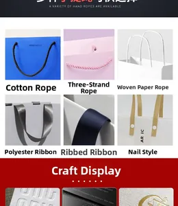 Detail view of various gift bag handles including cotton rope, ribbons, and metal rivets