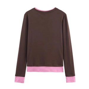 Flat lay back view of a brown and pink double-layer casual long-sleeved T-shirt