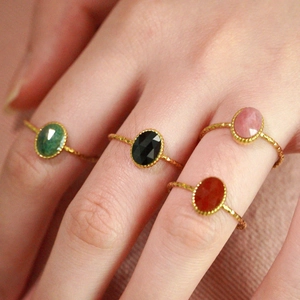 French vintage stainless steel rings set with colorful oval natural stones in gold finish