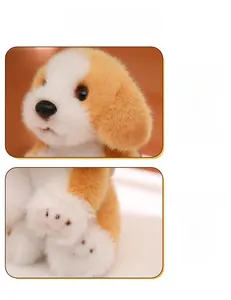 Close-up of the plush golden dog keychain showing soft faux fur and quality stitching