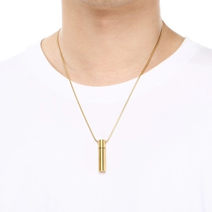 Golden cylindrical pendant necklace on snake chain worn by a model against white background