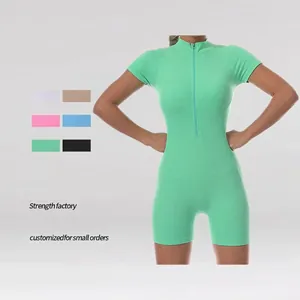 Combinaison De Yoga À Manches Courtes Côtelée Avec Zip Avant Romper Athlétique Bodysuit Pour Femmes Sport