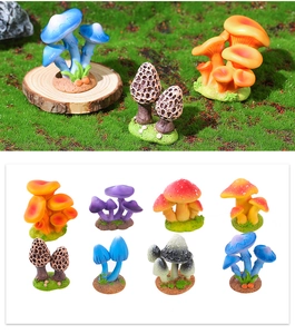 Macro detail of eight colorful resin mushroom miniatures for moss micro landscapes
