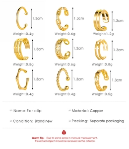Detailed chart of nine gold-plated copper non-pierced C-shaped ear cuffs and specifications