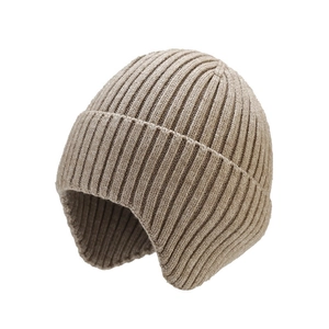 Unisex oatmeal ribbed knit beanie hat with ear protection for winter outdoor warmth