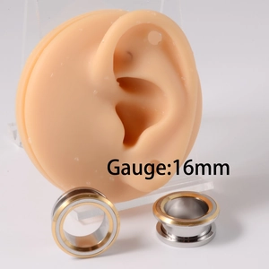 Detail of 16mm gold and silver stainless steel ear gauge with side and front view