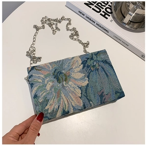 Close-up of blue floral jacquard fabric texture and silver chain strap on small square bag