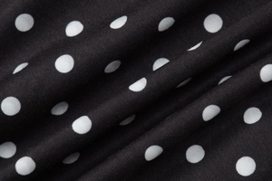 Dettaglio macro del tessuto nero a pois bianchi che mostra la trama a maglia e le rifiniture