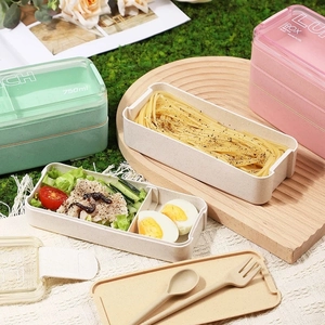 750ml double-layer wheat straw lunch box with cutlery set for picnic and daily meals
