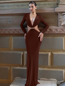 Deep V-neck long sleeve maxi dress in dark brown with waist cut-outs and metal ring