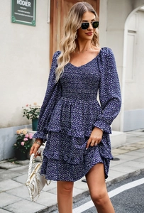 Detail of navy blue floral dress featuring a square neckline and shirred bodice design