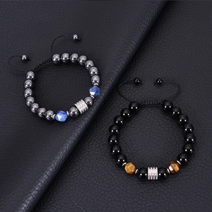 Adjustable 10mm stone beaded bracelets with black magnetic stones and woven rope