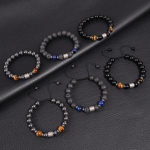 Men's 10mm obsidian and tiger eye stone stretch bracelets with black matte lava beads