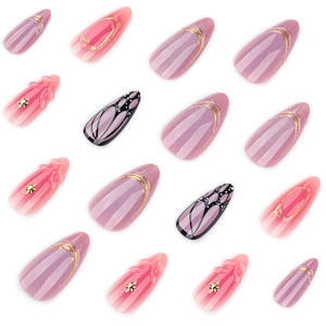 Short almond press-on nails featuring purple cat eye effect and 3D butterfly designs