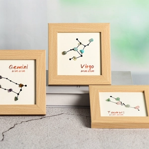 Zodiac Constellation Tabletop Photo Frame Natural Crystal Stone Wood Decor Horoscope Desktop Ornament Housewarming Gift