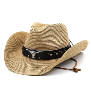 Western straw cowboy hat with bull head leather band and adjustable chin strap