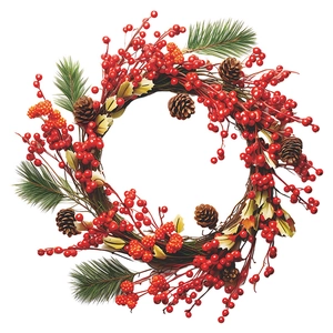 Close-up of Christmas wreath featuring red berries, green pine needles, and pine cones