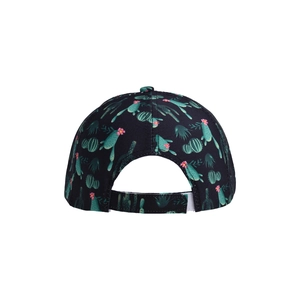 Detailed back view of cactus print baseball cap featuring an adjustable velcro strap