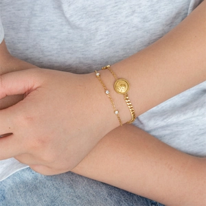 Golden Cuban chain bracelet set with queen coin pendant and zircon accents for women