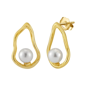 Elegant S925 sterling silver pearl stud earrings with irregular gold frames for women