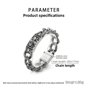 Detail of vintage stainless steel cross bracelet showing 220x17mm dimensions and 316L stamp