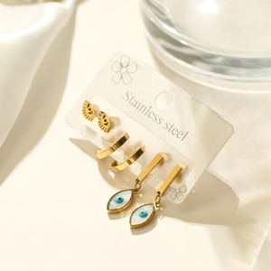 Set aus drei 18K vergoldeten Edelstahl-Ohrringen mit bösem Blick und Zirkonia-Steinen