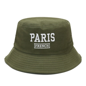 Army green canvas bucket hat with white PARIS embroidery and breathable metal eyelets