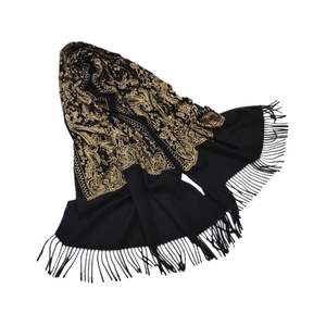 Thick black cashmere shawl with golden paisley embroidery and tassel trim details