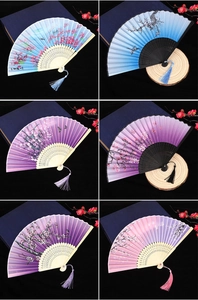 Collage showing six traditional Chinese folding fans with floral patterns and silk tassels