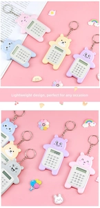 Detail of five mini cartoon bear calculators in pastel colors with metal keychains